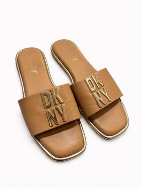 DKNY Tan Slide Sandals with Gold Logo Accent